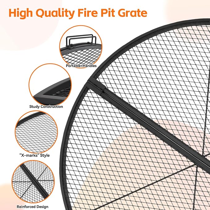 X-Marks Fire Pit Cooking Grill Grate with Support X Wire - Heavy Duty Folding Round Campfire Grill Grid - Portable Camping Cookware for Outside Party Gathering - 30 inch