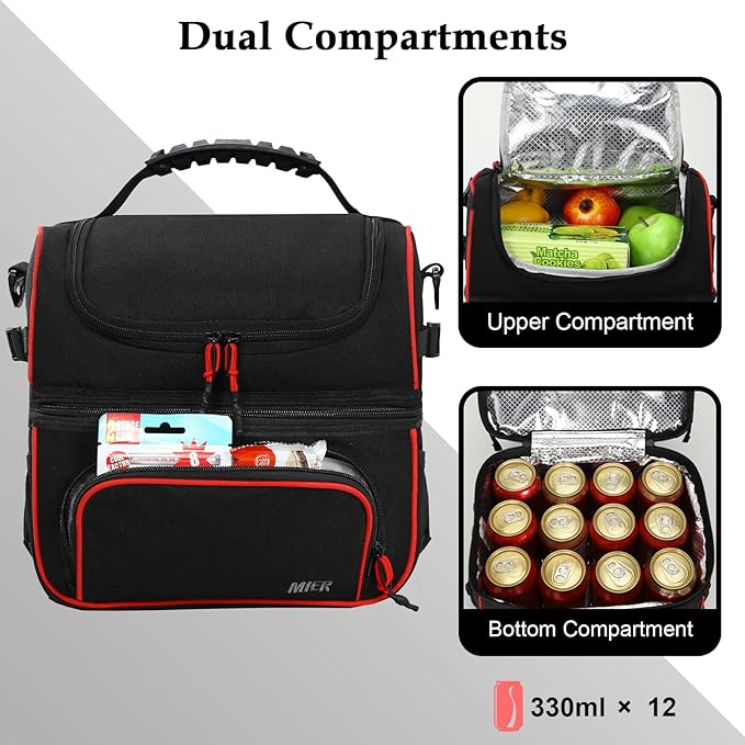 MIER Dual Compartment Lunch Bag Tote with Shoulder Strap for Men and Women Insulated Leakproof Cooler Bag, Black/Red