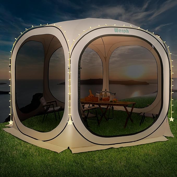 Pop Up Screen Tent Canopy, Portable Screen Canopy with Mosquito Net, Outdoor Screen Room Tent 12 x12 FT with Carry Bag for Lawn & Garden, Parties，Beige