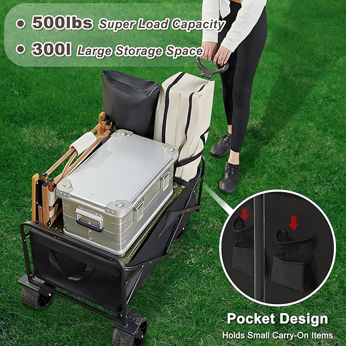 300L Collapsible Wagon with Wheels,500lbs Extra Long Fold Up Wagons Carts,Folding Wagon Cart with Adjustable Handle,with Side Pocket and Brakes for Grocery Shopping Camping Outdoor Sports Beach Garden