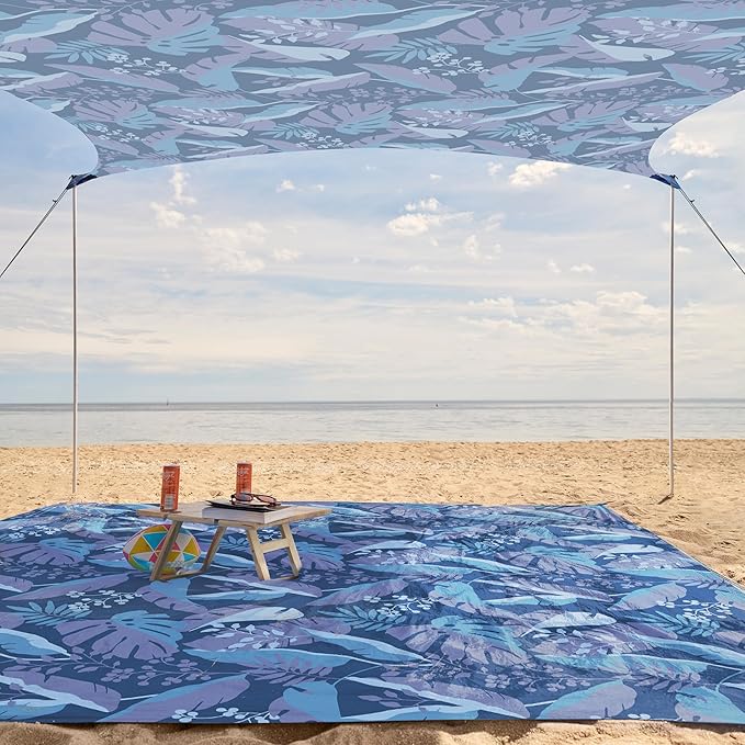 WEKAPO Beach Tent Sun Shelter - Easy Setup Beach Canopy with 4 Sturdy Poles, Large Sandbags and Shovel, 7'8'' Tall, Windproof Sun Shade for Backyard and Camping, UPF 50+ Protection