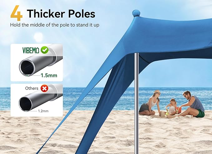 Beach Tent, Beach Canopy Sun Shade with UPF50+ UV Protection, 10x10ft, Includes 8 Sandbags, Sand Shovel, Ground Pegs & 4 Stability Poles, Pop Up Sun Shelter for Camping, Picnics, Backyard Fun