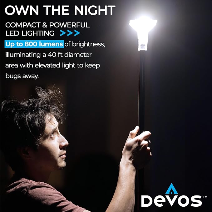 DEVOS - LightRanger 800 Telescoping Camp Light, 8 ft Tall with 800 lumens, Rechargeable LED Lantern, Up to 30-Hour Runtime, 1-Year Warranty, Includes Carry Case