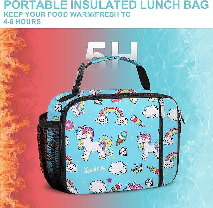 esouler Lunch Box Kids Insulated Lunch Bag for Boys & Girls Durable Children Lunchbox for School with Water Bottle Holder-Blue Unicorn