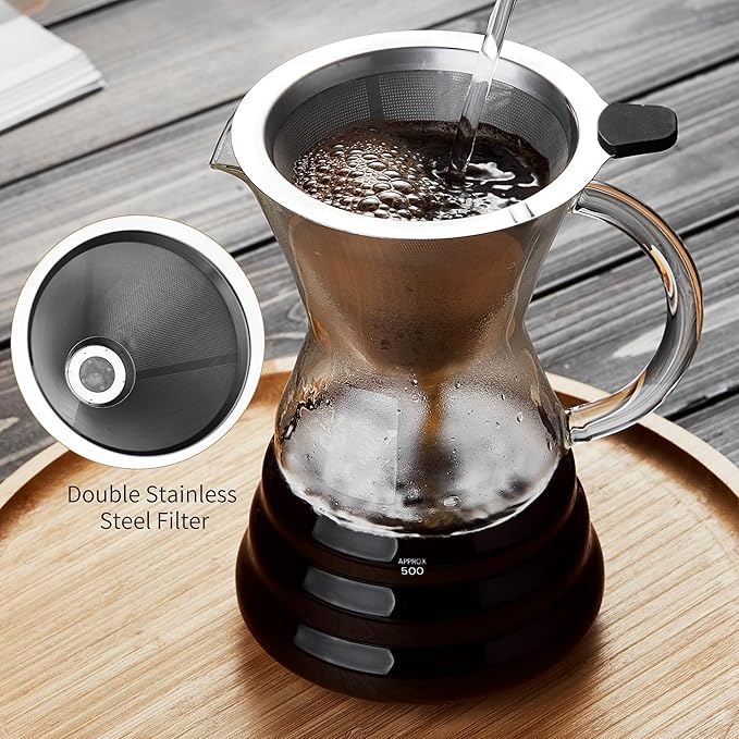 Unbreakable - Pour Over Coffee Maker with Permanent Stainless Filter 27 fl oz, Thickened Heat-Resistant Borosilicate Glass Dripper Coffee Brewer, Stovetop Safe