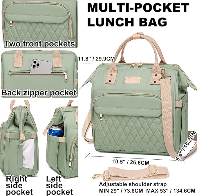 AIJIEKE Lunch Bag for Women, Large Lunch Box for Work Insulated Lunch Bag, Adult Leak Proof Lunch Tote Cooler Bag with Side Pockets & Adjustable Strap, Lunch Purse for Picnic Beach, Green