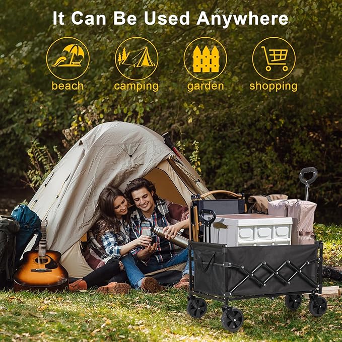 Heavy Duty Collapsible Wagon Cart, 360LBS 100L Foldable Utility Cart with Durable Wheels & Adjustable Handle, Portable Folding Wagon for Groceries, Camping, Sports, Beach, Garden, Shopping