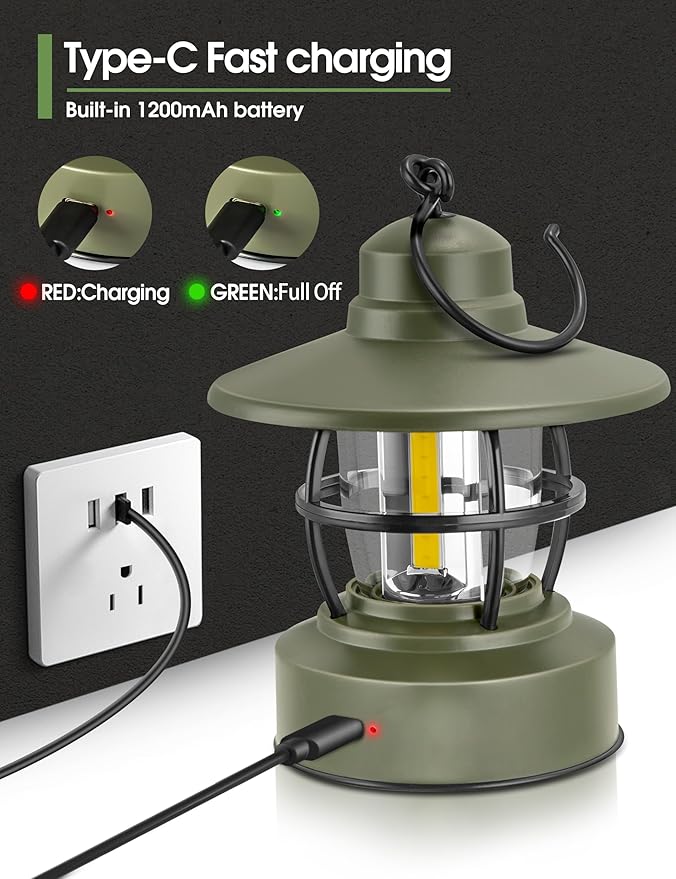 Camping Lantern Rechargeable Battery Powered 【2 Pack】, Camping Gear Must Haves, Camping Accessories, Retro Camping Light Waterproof Hanging LED Tent Lamp for Outdoor Hiking Fishing (Dark Green)