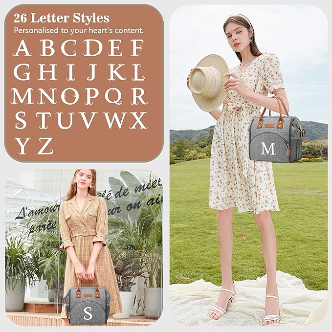 Initial Lunch Bag Women Insulated Lunch Box Wide-Open Lunch Tote Bag Large Drinks Holder Durable Nylon Thermal Snacks Organizer for Work, Travel, Picnic Personalized Gifts for Women/Teacher