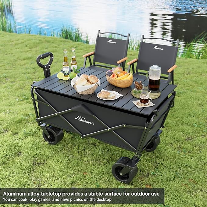 Collapsible Wagon Cart, Heavy Duty Folding Wagon with 430lbs,（with Table Top,with Tailgate）,All Terrain Large Wheel Beach,Camping Sports Garden Beach Grocery