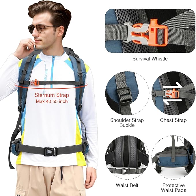 ShowyLive 60L Waterproof Hiking and Camping Backpack for Men - Durable, Lightweight Large Hiking Backpack with Rain Cover, Multi Compartments, and Adjustable Straps, Blue