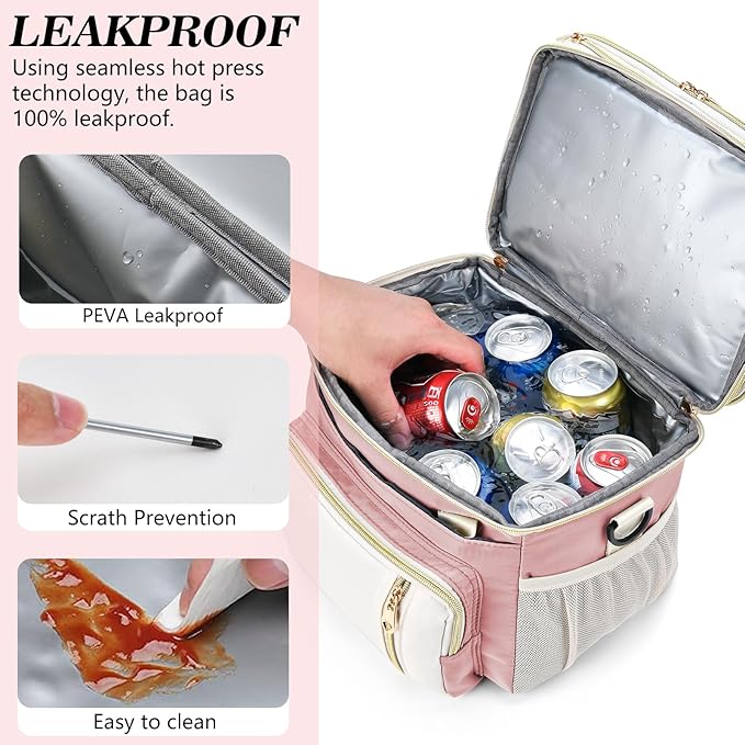 LOKASS Lunch Box for Women, 16L, Double Deck Expandable Insulated Lunch box For Adults/Women Thermal Large Waterproof Leakproof Cooler Bag with Shoulder Strap - Light Pink