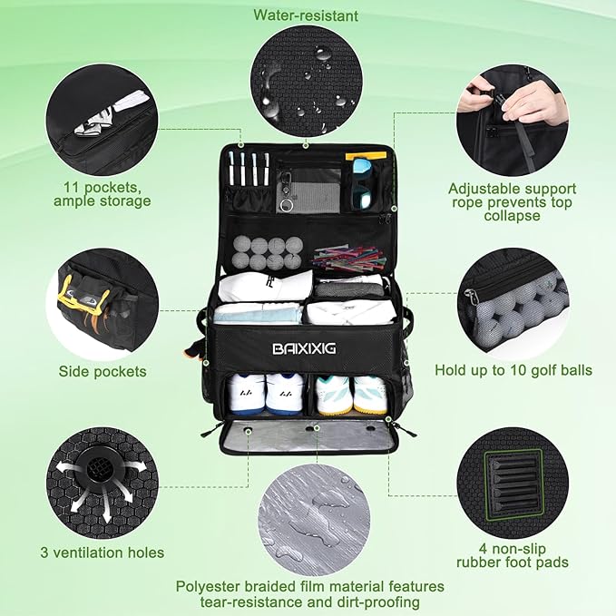 Golf Trunk Organizer, 2 Layer Waterproof Car Golf Locker with Separate Ventilated Compartment for 2 Pair Shoes, Golf Trunk Storage for Golf Accessories, Golf Gifts for Men