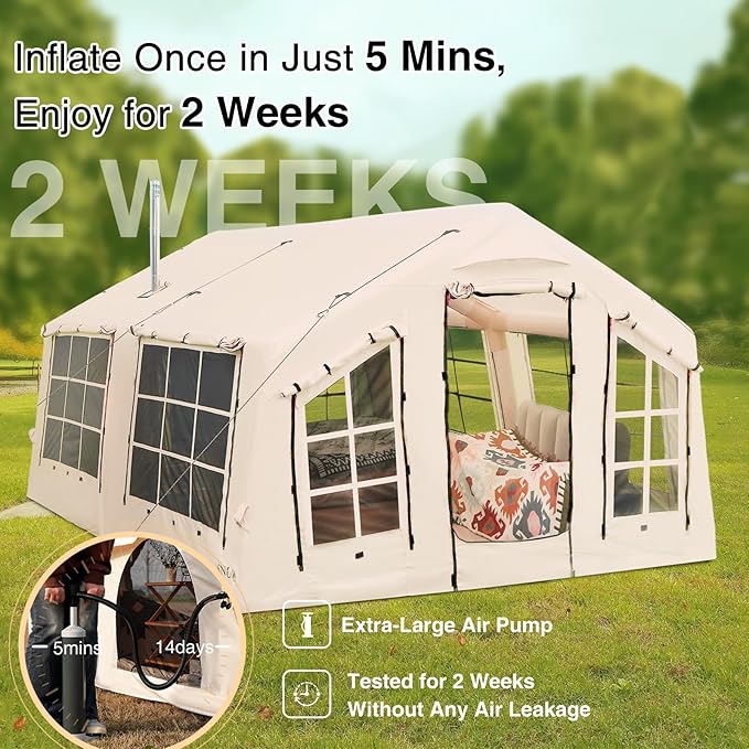 2025 Upgraded 100% Waterproof Inflatable Camping Tent, Large Blow-Up Air Tent, No Assembly Needed Luxury Glamping House, Oxford Fabric