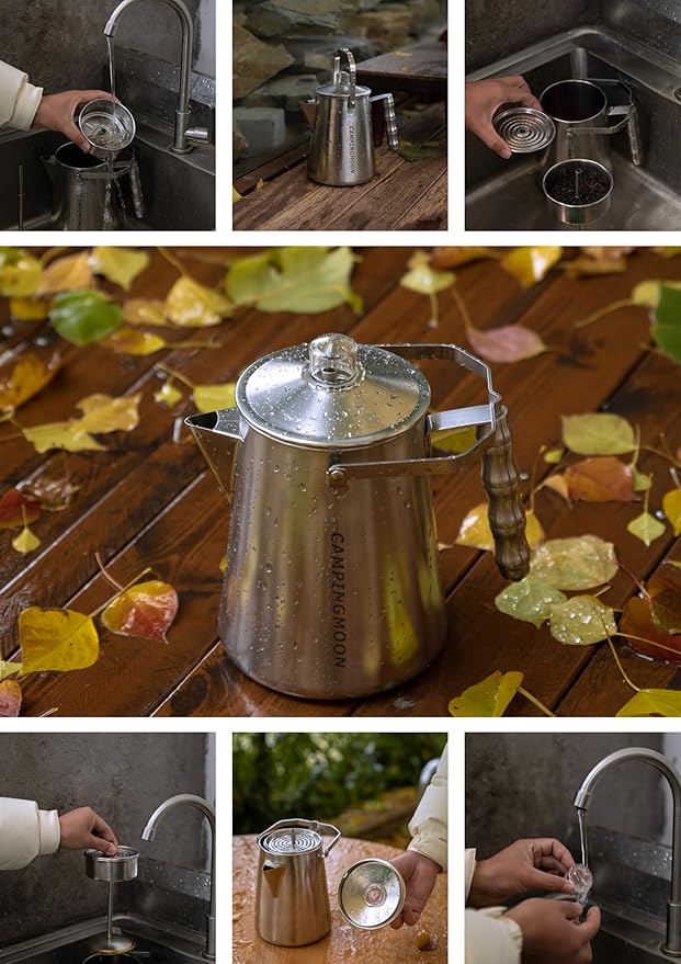 camping moon Stainless Steel Coffee Percolator Pot 1.5L (8 Cups) – Durable One-Piece Body, Gooseneck Spout & Removable Lid – Perfect for Camping & Outdoor Use SW-7