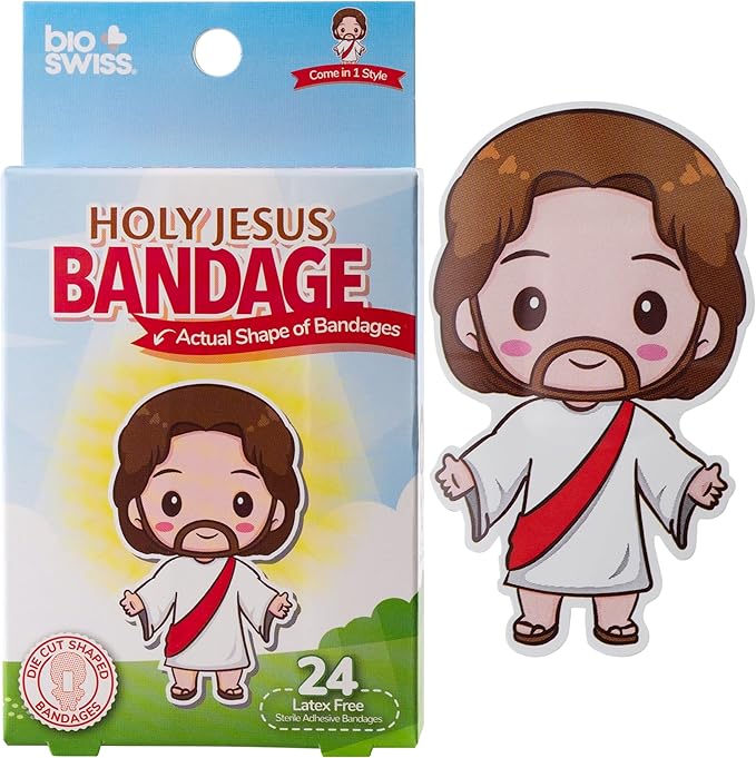 BioSwiss Bandages, Holy Jesus Shaped Self Adhesive Bandage, Latex Free Sterile Wound Care, Fun First Aid Kit Supplies for Kids and Adults, 24 Count