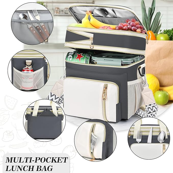 LOKASS Lunch Box for Women/Men-16L-Insulated Lunch Bag, Expandable Double-Layer Leakproof Cooler Bag with Upgrade Adjustable Shoulder Strap Ideal for Work/Travel/Picnics（Gray&White）