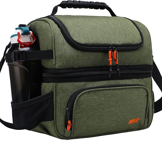 MIER Dual Compartment Lunch Bag Tote with Shoulder Strap for Men and Women Insulated Leakproof Cooler Bag, Army Green