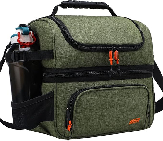 MIER Dual Compartment Lunch Bag Tote with Shoulder Strap for Men and Women Insulated Leakproof Cooler Bag, Army Green