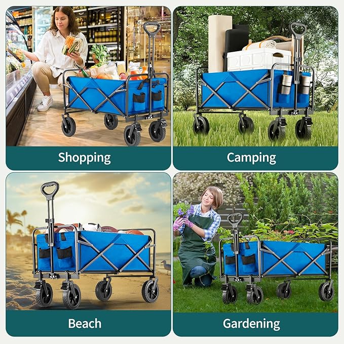 Collapsible Wagon Cart Foldable, 35" L Folding Beach Wagon with All-Terrain Wheels, Heavy Duty Shopping Cart with 350lbs Large Capacity, Portable Camping Wagons Carts for Grocery Garden, Blue