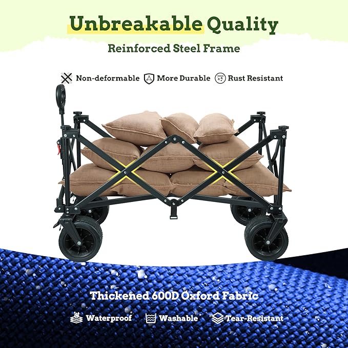 LUXCOL Collapsible Folding Wagon, Heavy Duty Utility Beach Wagon Cart for Sand with Big Wheels, Adjustable Handle&Drink Holders for Shopping, Camping,Garden and Outdoor