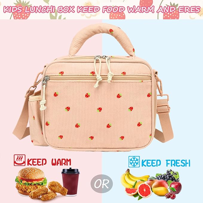 LOIDOU Lunch Box for Kids Girls Cute Corduroy Insulated Lunch Bag Thermal Meal Tote Reusable Lunch Pail Bags for School Travel ((Corduroy Strawberry Pink)