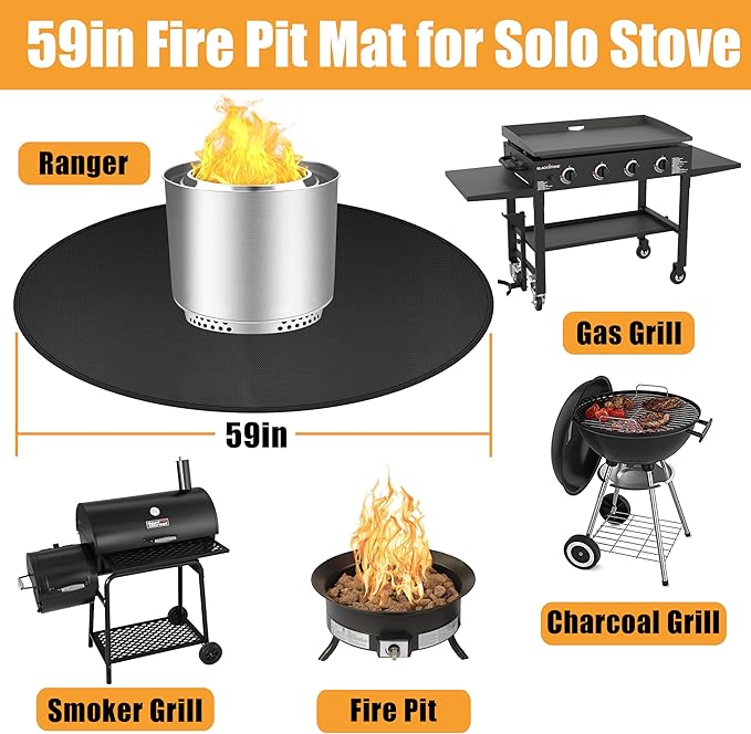 Fire Pit Mat Compatible with Solo Stove Accessories, Grill Mats for Outdoor Grill Compatible with Solo Stove Ranger, Bonfire,Yukon, 3-Layer BBQ Matt for Under Grill to Protect The Deck, Patio, 58.5in