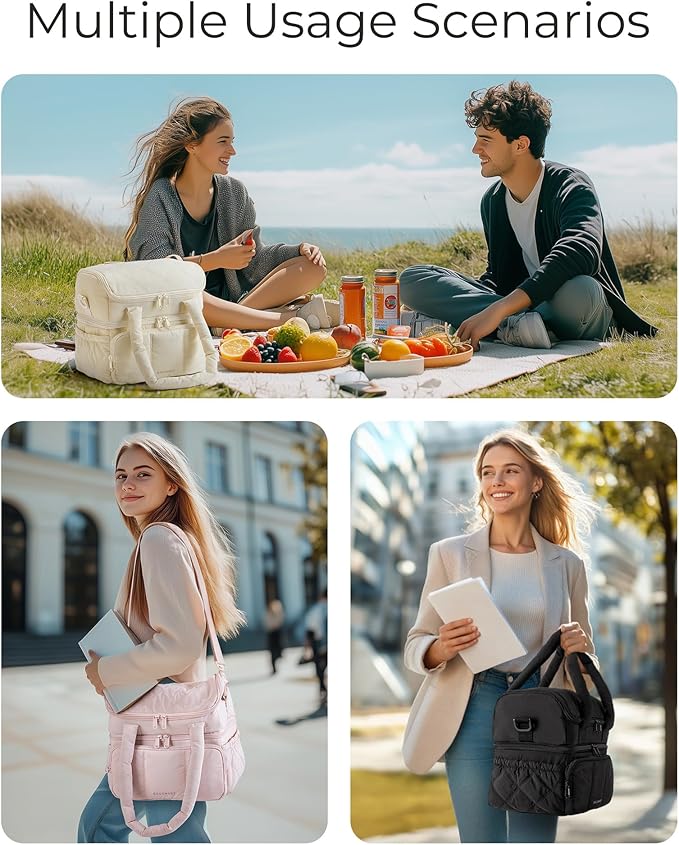 BAGSMART Lunch Bag Women, Double Deck Insulated Lunch Box, Quilted Puffer Lunch Tote, Leakproof, Durable & Reusable Large Lunch Cooler For Work Picnic Travel Meal Prep, Beige