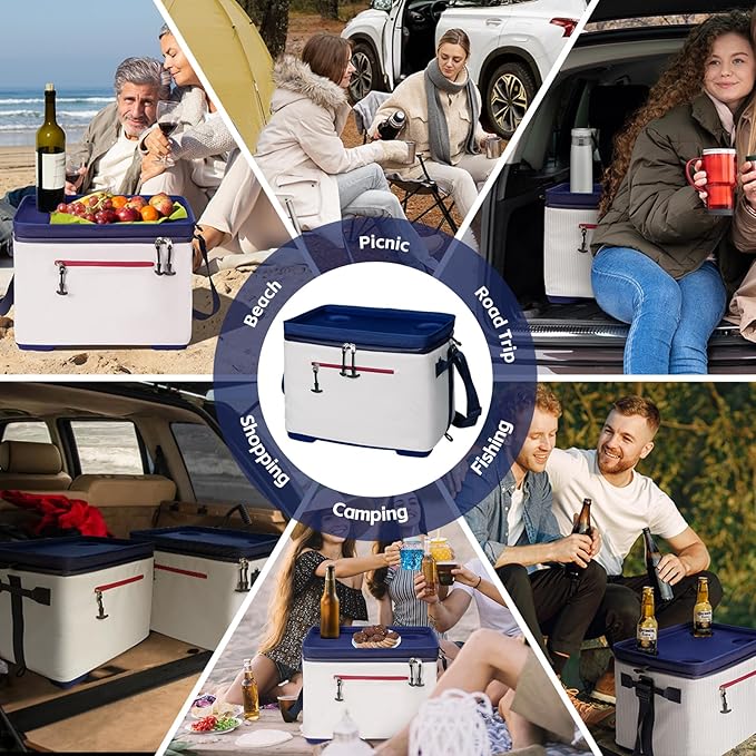 40Can Collapsible Cooler Box, Versatile Insulated Leakproof Cooler Bag with Hard Inserts and 4 Cup Holders, Large Ice Chest for Beach, Travel, Camping, Picnic