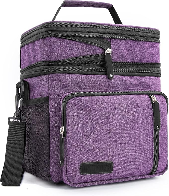 Men's and Women Double Compartment Lunch Bag, Insulated Lunch Cooler Tote 2 Roomy Large Reusable Water-resistant Lunch Box (Purple, 15L)''