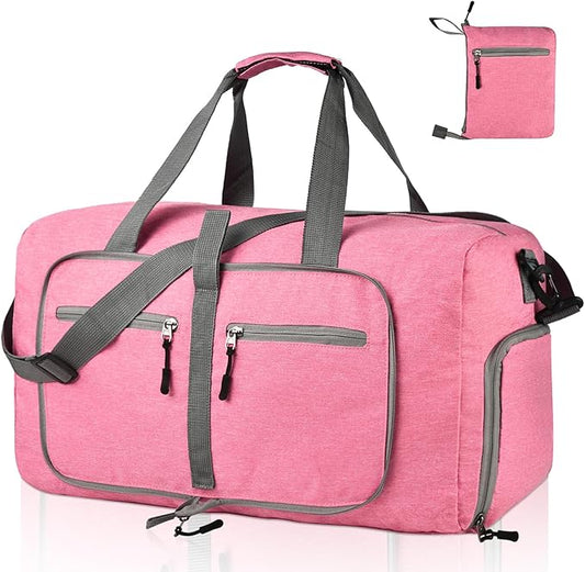 Dimayar 65L Travel Duffle Bag for Men Women - Foldable Duffel Bag with Shoes Compartment - Overnight Bags Waterproof & Tear Resistant(Pink)