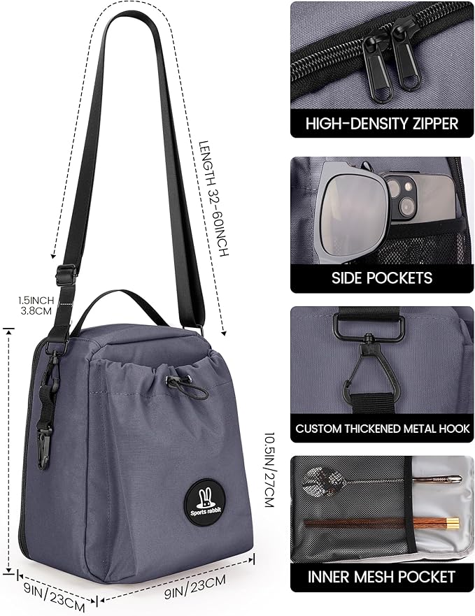Sports rabbit Insulated Lunch Bag for Men – Front Pocket Compatible with 40/30OZ YETI Bottles – Leakproof Cooler Tote, Water-Resistant Wax-Coated Oxford – Perfect for Work, Travel, Picnics (Gray)