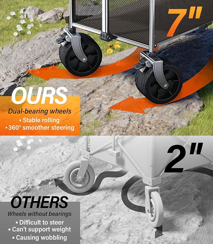 Collapsible Wagon Double Decker,WagonsCarts Foldable,Heavy DutyWagon Camping Sports Garden Grocery,UtilityWagon for All Terrain Brown