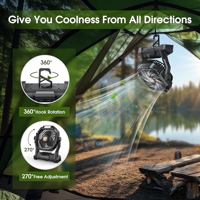 Portable Rechargeable Fan, 20000mAh Cordless Battery Powered Camping Tent Fans with LED Lantern, Small USB C Operated Outdoor Ventilador for Travel Camp Fishing Picnic Beach Office Home Essentials