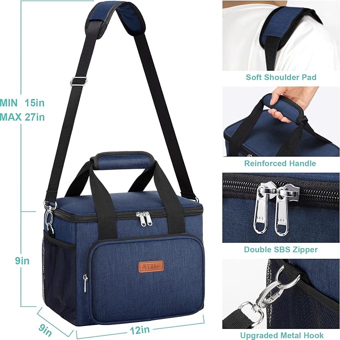 Insulated Lunch Bag for Women/Men - Reusable Lunch Box for Office Work School Picnic Beach - Leakproof Cooler Tote Bag Freezable Lunch Bag with Adjustable Shoulder Strap for Kids/Adult - Navy Blue