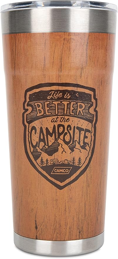 Camco Life is Better at The Campsite Wrapped Tumbler | Features Unique Wood Grain Design with a Burned in Life is Better at The Campsite Logo | 20 oz. (53327)
