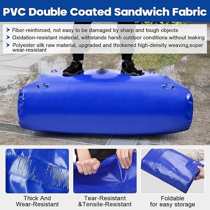 TooTaci 1000L/264Gal Large Capacity Water Storage Bladder, Portable Water Tank with Hose and 3/4" Adapters, for Garden Watering, Drought Resistance, Agricultural Irrigation