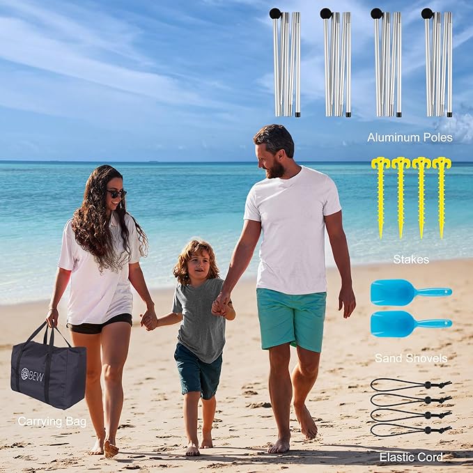 Beach Tent, Beach Canopy Sun Shade UPF 50+, Portable 10×10 FT Camping Sun Shelter with Sandbags, Poles, Ground Pegs and Anti-Wind Ropes for Outdoor, Backyard, Picnics, Fishing-Black Stripe