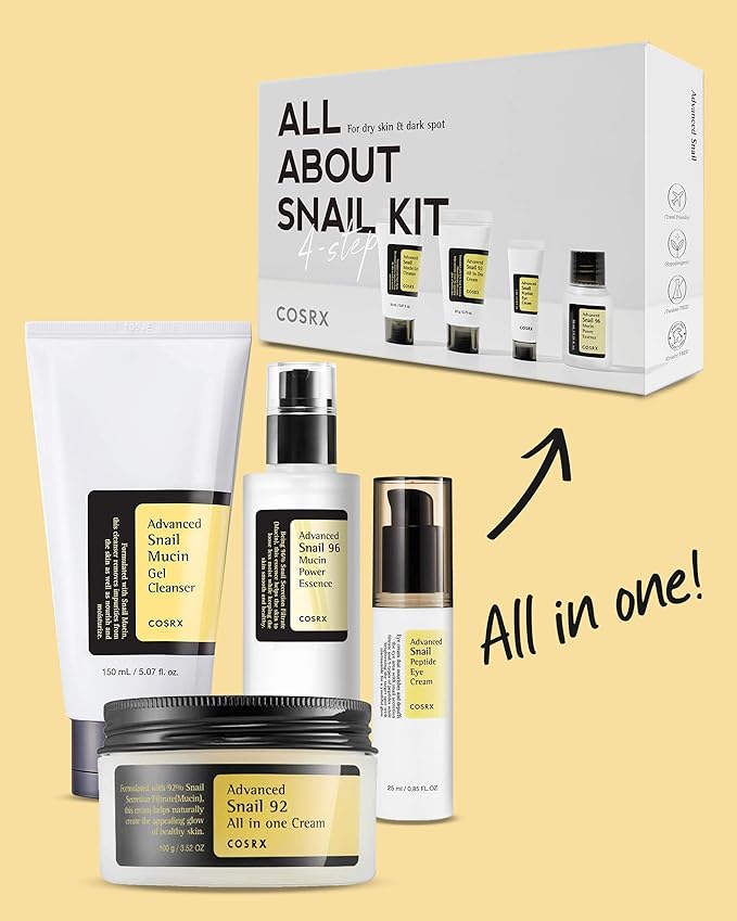 COSRX All About Snail Mucin Korean Skin Care Set, Mini Travel Essentials, Travel Size Gift Set with Snail Mucin Face Wash, Serum, Moisturizer & Eye Cream, Rejuvenating Kit