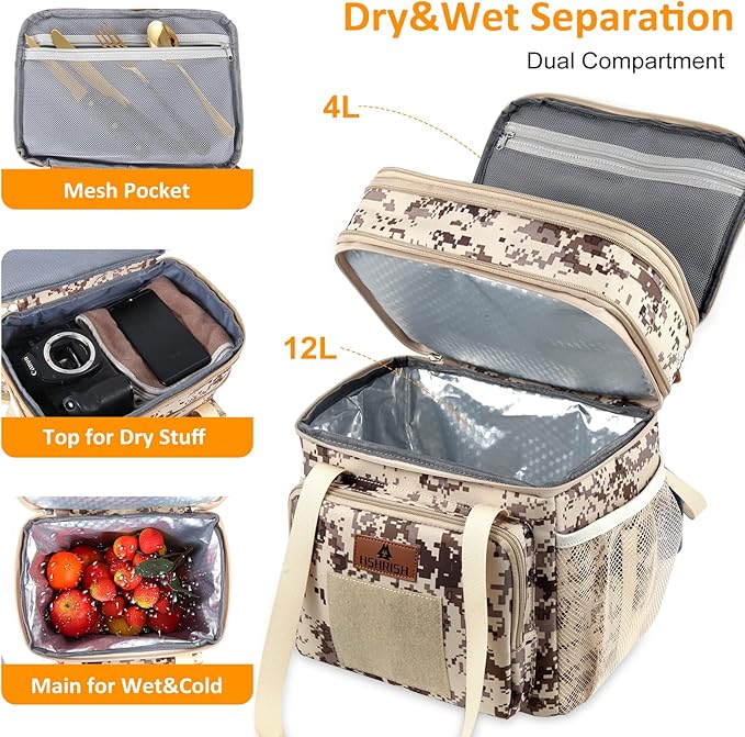 HSHRISH Tactical Lunch Box, Large Expandable Insulated Lunch Bag, Waterproof Durable Cooler Bag for Men/Women/Adults/Work Office Outdoor Picnic Trip,16 L, Camo
