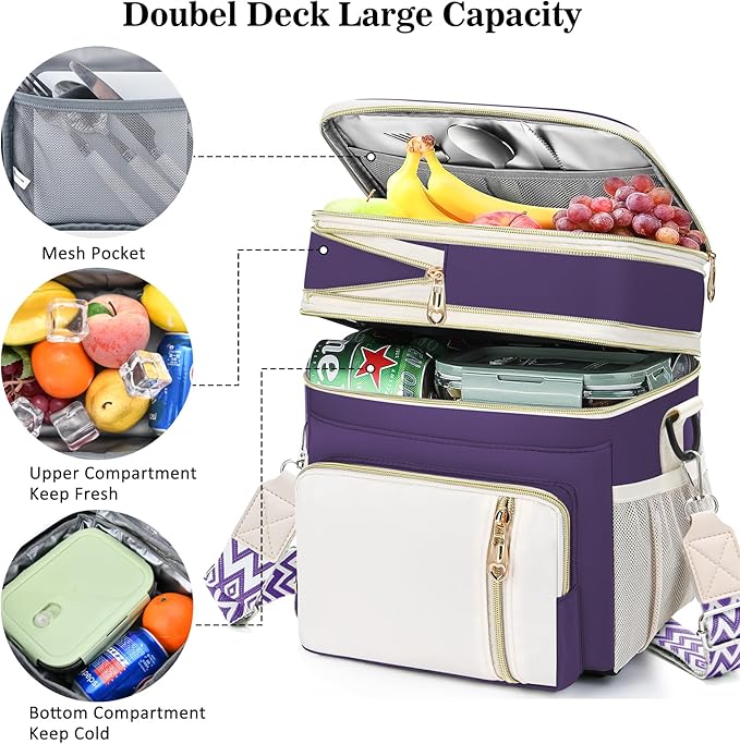 LOKASS Lunch Box for Women-16L-Insulated Lunch Bag Women, Expandable Double-layer Leakproof Cooler Bag with Upgrade Adjustable Shoulder Strap Ideal for Work/Picnics（Purple）