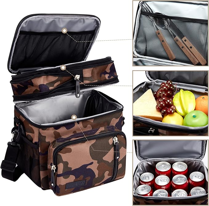Men's Double/Women's Compartment Lunch bag, Insulated Lunch Cooler Tote 2 Roomy Large Reusable Water-resistant Lunch box (Camouflage)