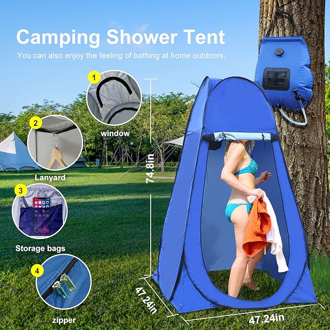 Pop Up Privacy Tent Camping Shower Kit 2 Pcs, 5 Gallon Outdoor Solar Portable Shower Bag Waterproof .Instant Tent Sun Beach Easy Set Up&Foldable for Hiking,Fishing,Beach,Washing,Outdoor