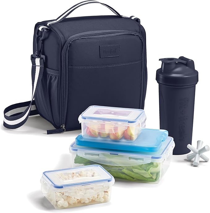 Fit & Fresh BREE Meal Prep Lunch Box With Containers, Ice Pack, and Shaker Bottle For Men and Women, 6pc. Meal Prep Kit Lunch Bag With Containers Included, Navy