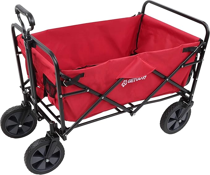 Get Out! Wagons Carts Foldable Red - 220 Pound Max Heavy Duty Collapsible Folding Wagon Cart with Wheels - Utility Cloth Beach Wagon with Side Table for Garden, Sports, Groceries, Fishing, and Camping