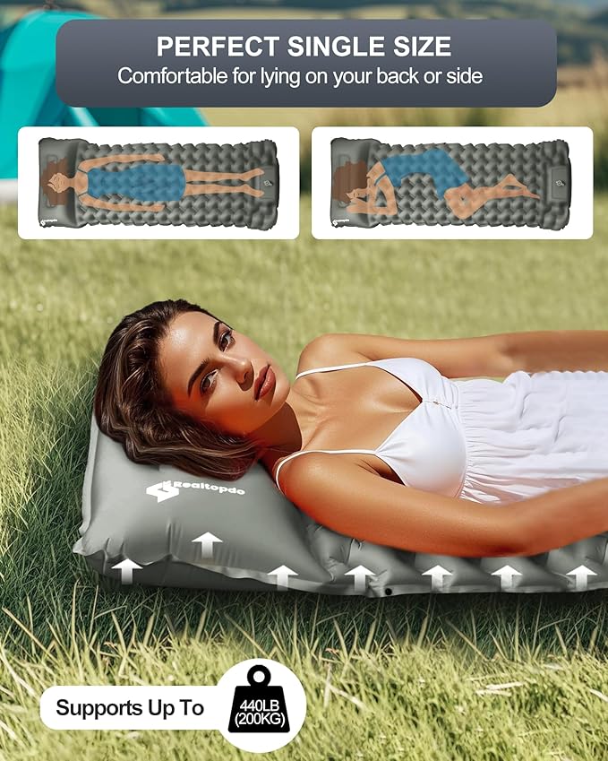 Inflatable Camping Sleeping Pad with Pillow & Foot Pump, 3"x79"x26" Single Camping Air Mattress, Compact Roll-Up, Quick-Dry & Durable Sleeping Mat for Backpacking, Hiking, Tent, Travel – Grey