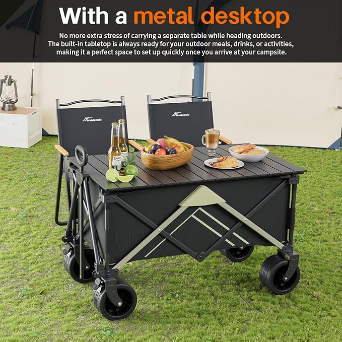 Wagons Carts Foldable,Wagon with Table Top,Beach Wagon with Big Wheels for Sand,Camping Sports Garden Beach Grocery(Black)