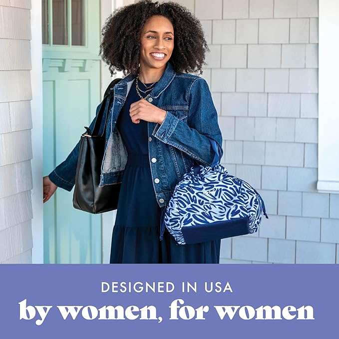 Fit & Fresh Lunch Bag For Women, Insulated Womens Lunch Bag For Work, Stain-Resistant Large Lunch Box For Women With Containers, Cinch Closure Cromwell Bag Navy Brush Strokes