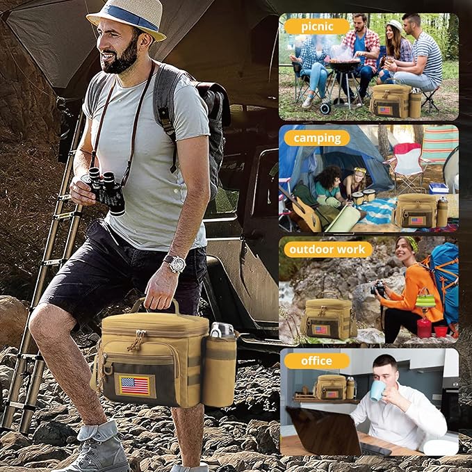 Tactical Reusable Lunch Bag for Men/Women - Insulated Lunch Box Leakproof Lunch Pail Freezable with Adjustable Shoulder Strap,Lunch Cooler Bag for Work Office Picnic Beach，Brown