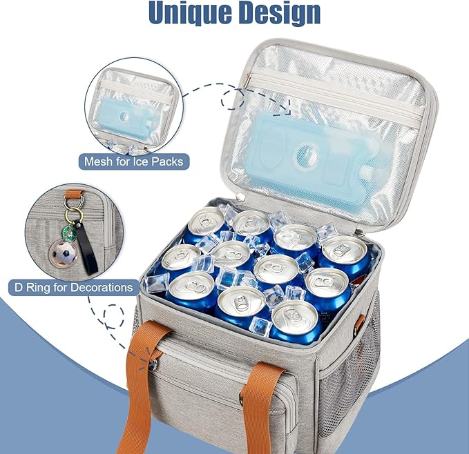 Insulated Lunch Box for Men/Women: Reusable Lunch Bag for Work Office Daytrip Picnic Beach - Leakproof Cooler Tote Bag Organizer for Adults - Light Gray